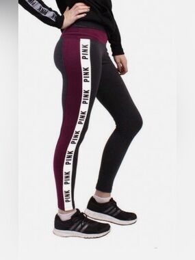 PINK Victoria's Secret Black Leggings with burgundy Logo Side Tape Woman’s Md